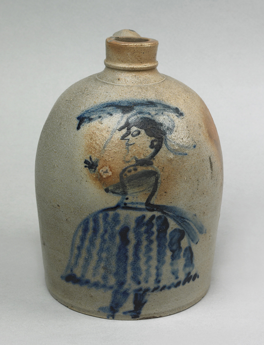 This small jug is decorated with a highly desirable human figure. The fine lady with a parasol took bidding to $53,820 in 2007. Courtesy Pook & Pook.